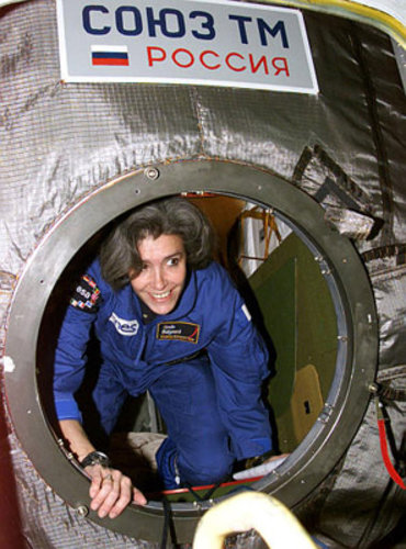 Claudie Haignere climbs out of the Soyuz