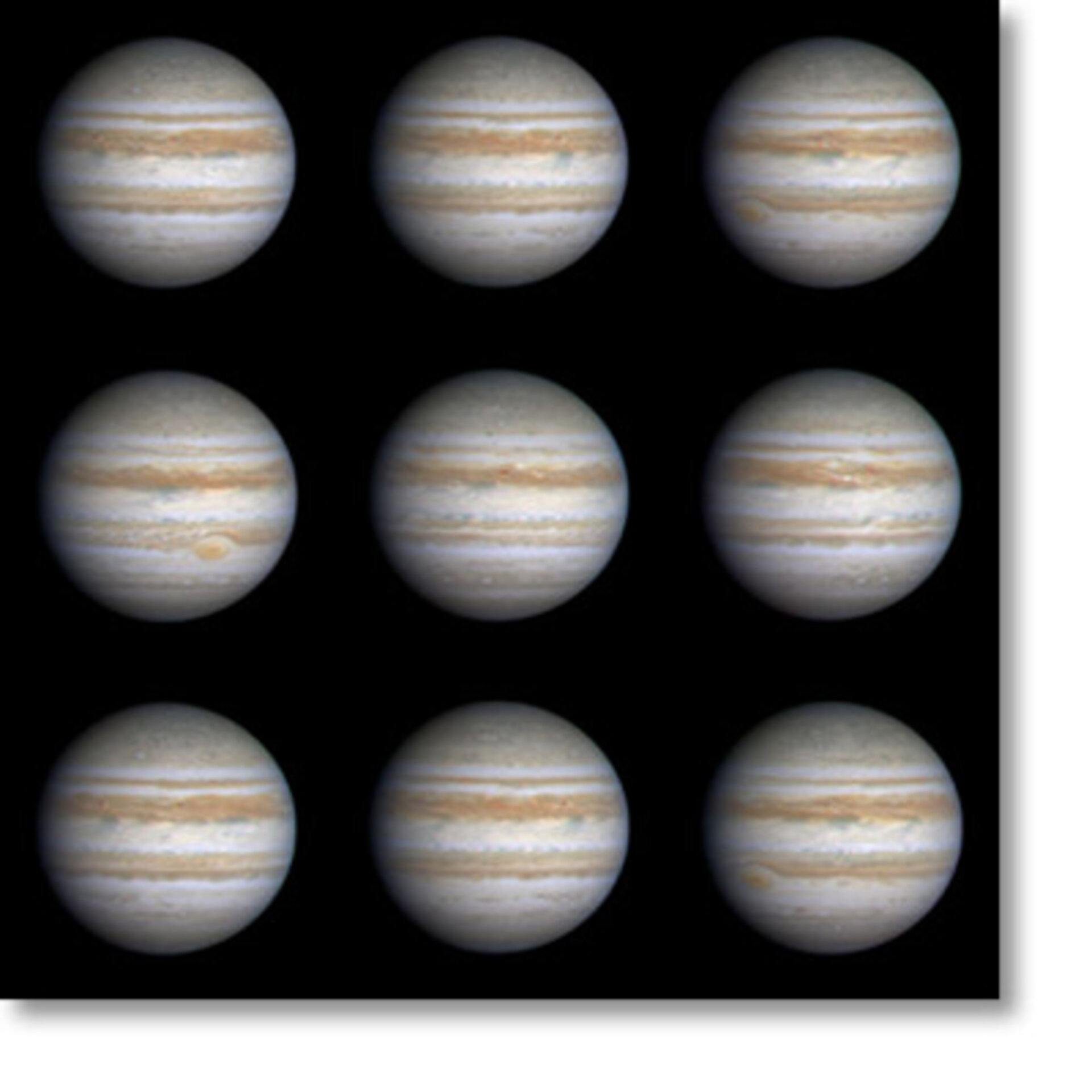 Die Montage zeigt eine komplette Drehung des Jupiter