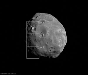 Image of Phobos with footprints of the Super Resolution Channel