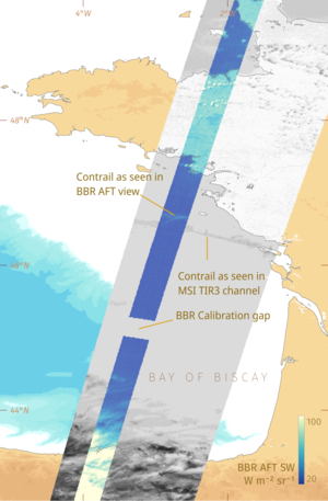 EarthCARE sees contrails over the Bay of Biscay