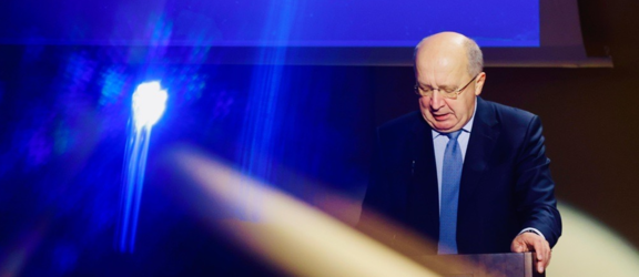 European Commissioner for Defence and Space Andrius Kubilius speaking at the Space for European Resilience conference in Brussels. 