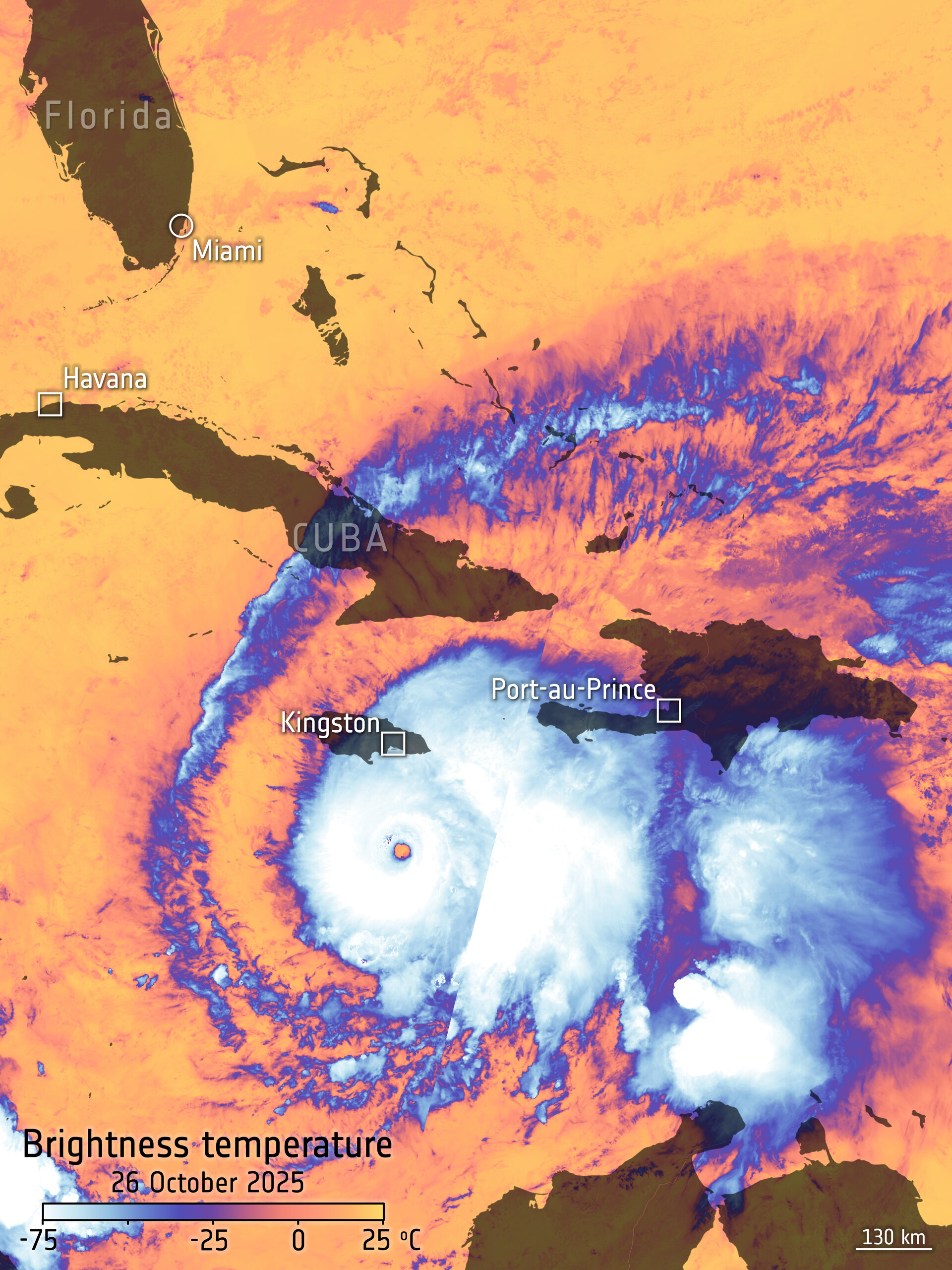 This image captured by the Copernicus Sentinel-3 mission show Hurricane Melissa as it barrelled through the Caribbean Sea 