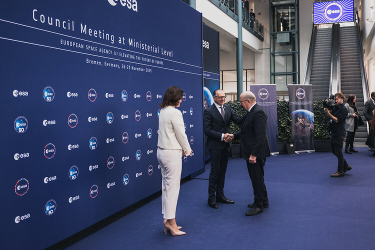 European Commissioner Andrius Kubilius is greeted by Dorothee Bär, Federal Minister of Research, Technology and Space, Germany and ESA Director General Josef Aschbacher.
